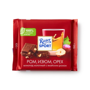Шоколад молочный Ritter Sport с ромом, изюмом и орехом 100 г